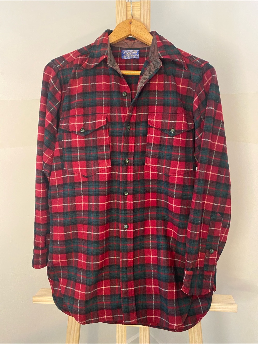 Vintage Pendleton Virgin Wool Plaid Shirt Red Tartan Made in USA Size 15
